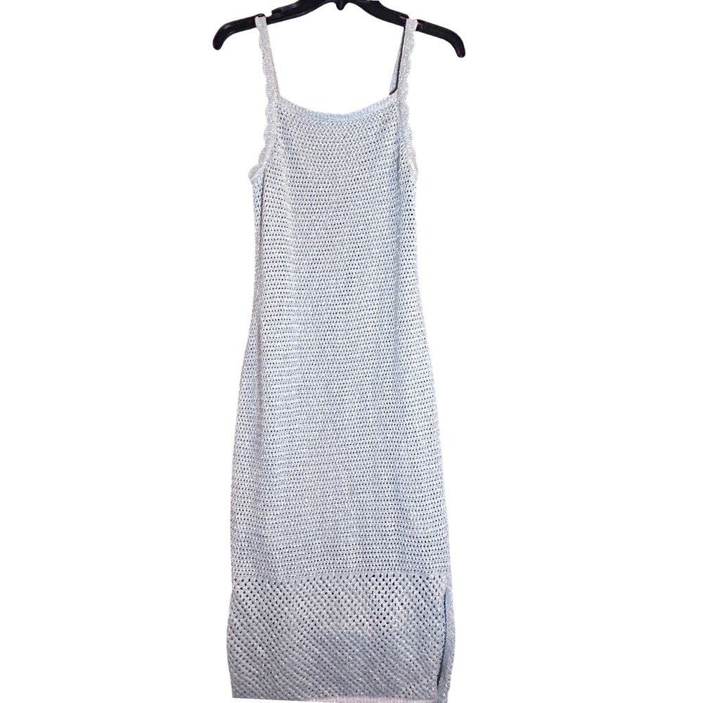 Joie‎ Metallic Crochet Maxi Dress Silver Spaghetti Strap Lined Sheath